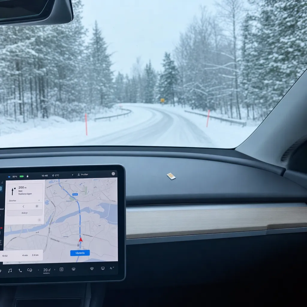 Bilens infotainmentskärm i vintervy