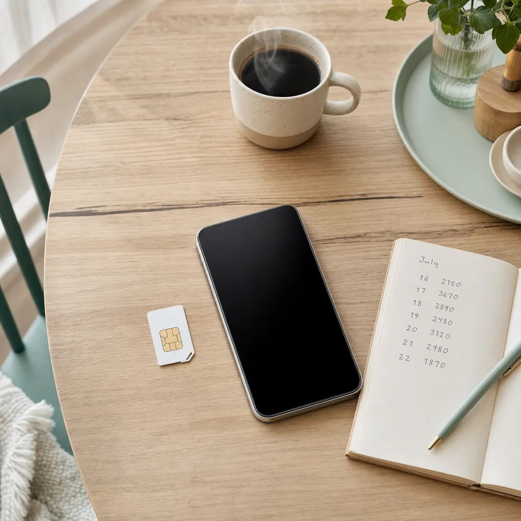 Smartphone, simkort och kaffekopp på köksbord — datasim