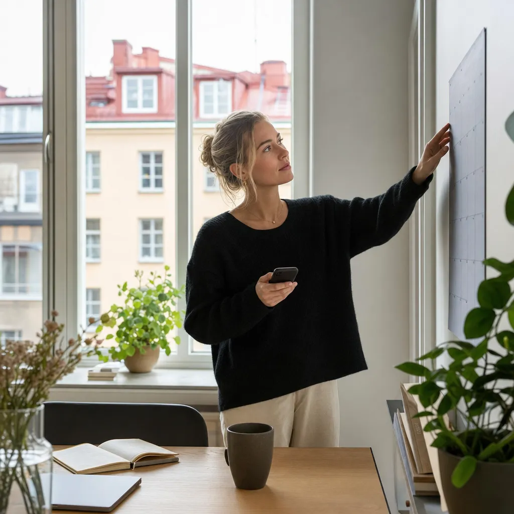 Nordisk frilansare i ljus liten lägenhet med mobil och kalender