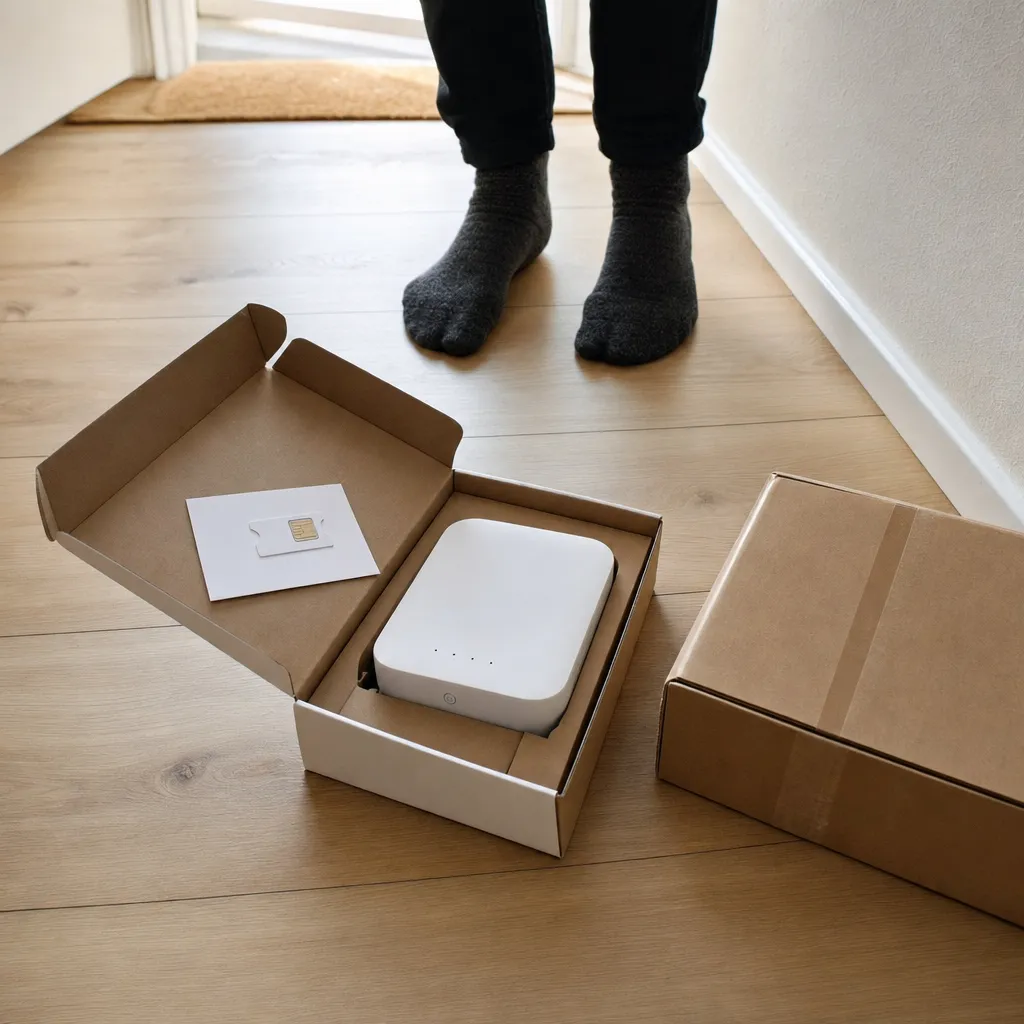 Uppackad leveranskartong med 5G-router och simkort på hallgolv