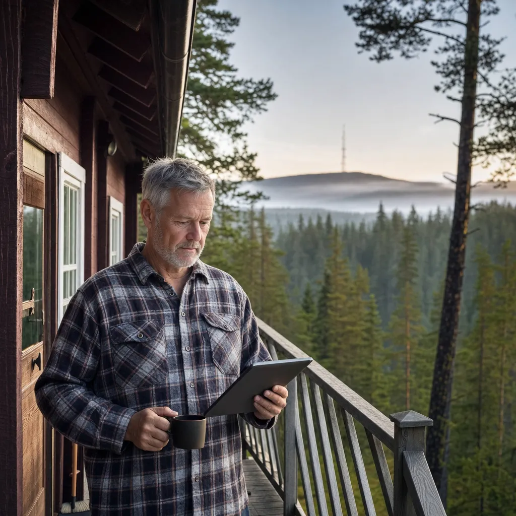 Äldre man i flanellskjorta utanför skogsstuga med tablet