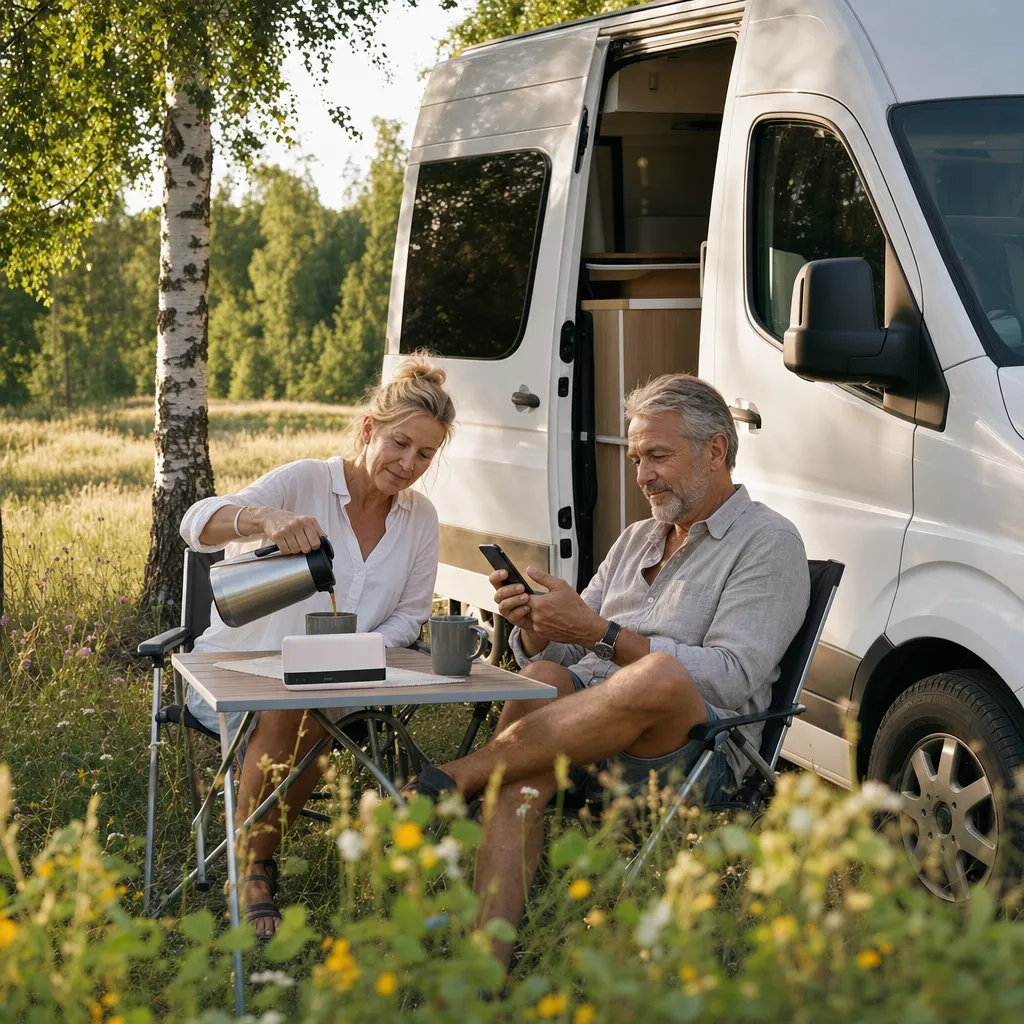 Nordiskt par utanför husbil i sommaräng med mobil router