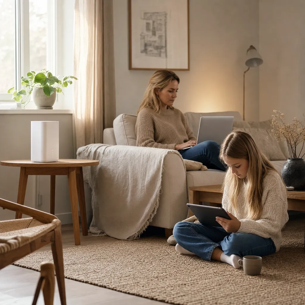 Tele2 5G-router på sidobord i nordiskt vardagsrum