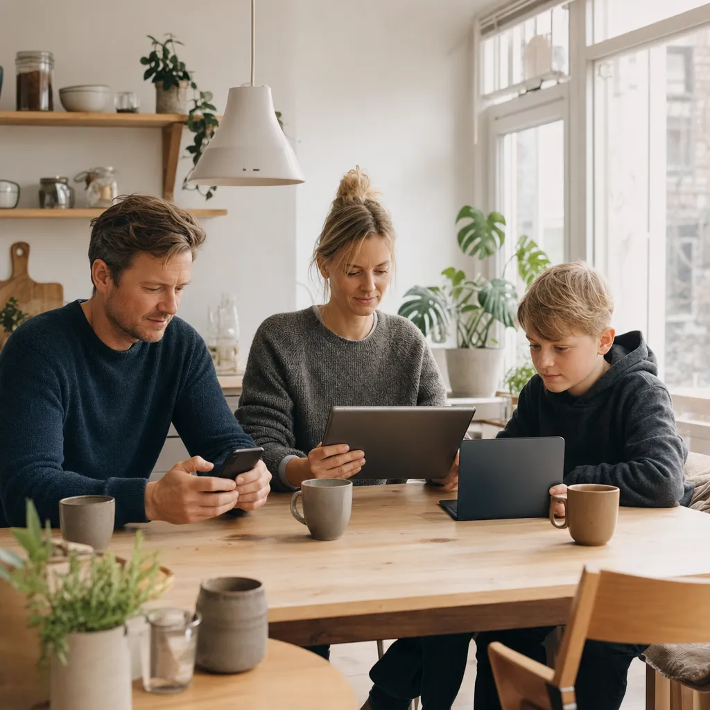 Nordisk familj med tablet, mobil och laptop vid köksbord
