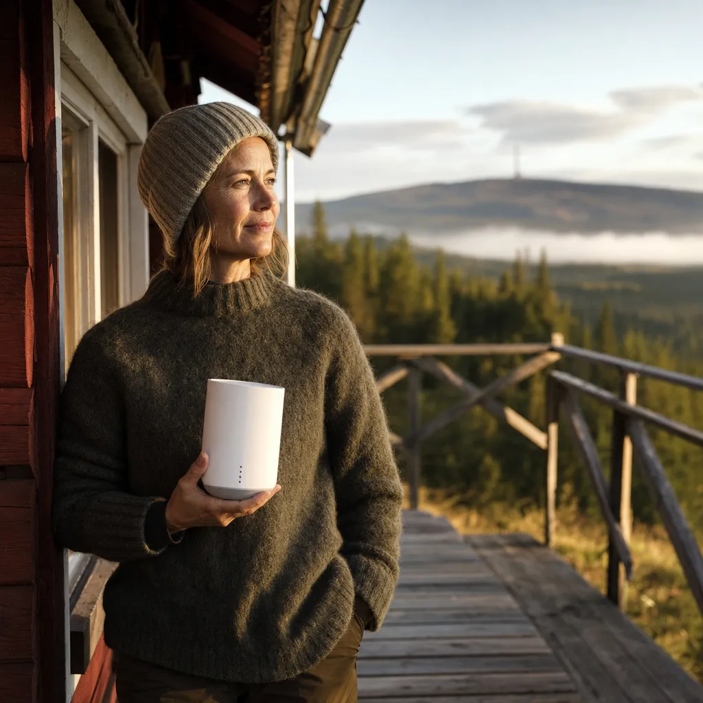 Nordisk kvinna med 5G-router framför fjälllandskap