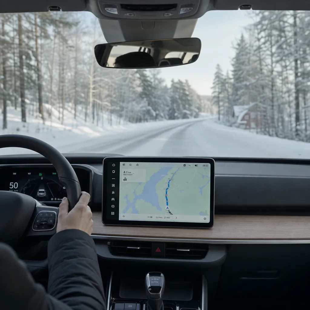 Bilens dashboard med kartnavigation och svensk vintervy