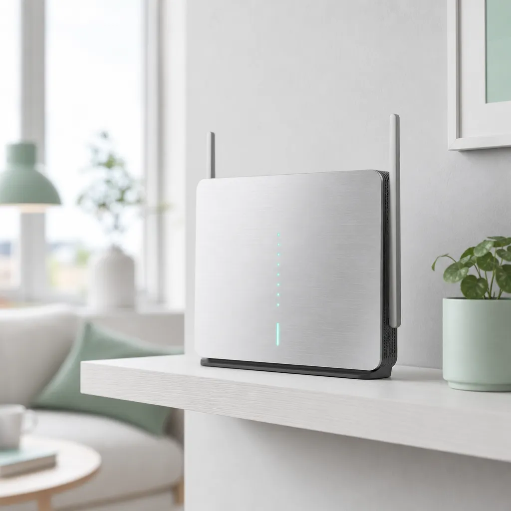 Modern 5G-router på vägghylla med mint LED-status