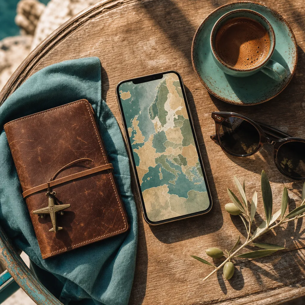 Flatlay med smartphone på café-bord — koncept för EU-roaming
