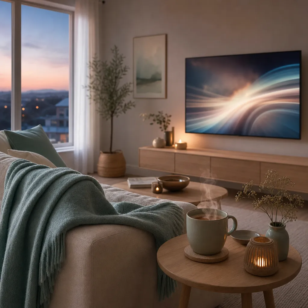 Skandinavisk vardagsmiljö med streaming-skärm — koncept för obegränsad surf