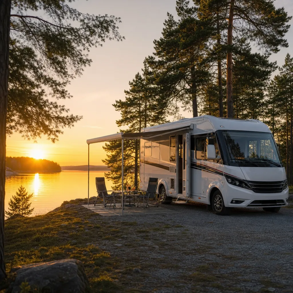 Husbil parkerad vid svensk sjö i sommarsolnedgång