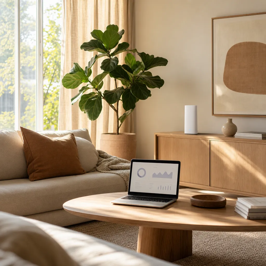 Skandinaviskt vardagsrum med hemma-router och laptop