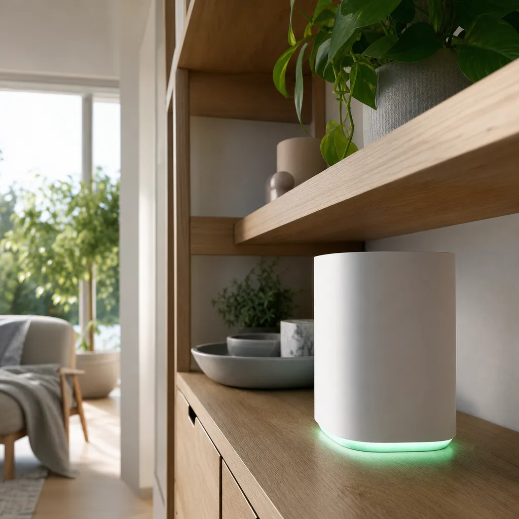 5G-router på vägghylla i nordisk villa med mint LED
